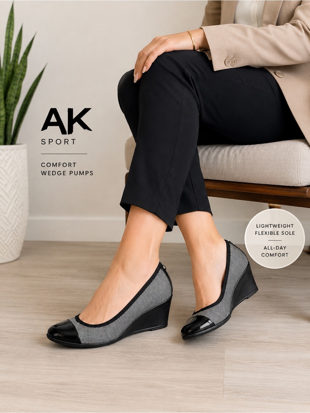 AK Sport Black White Houndstooth Wedge Pumps Comfort Cap Toe Shoes Women size 9